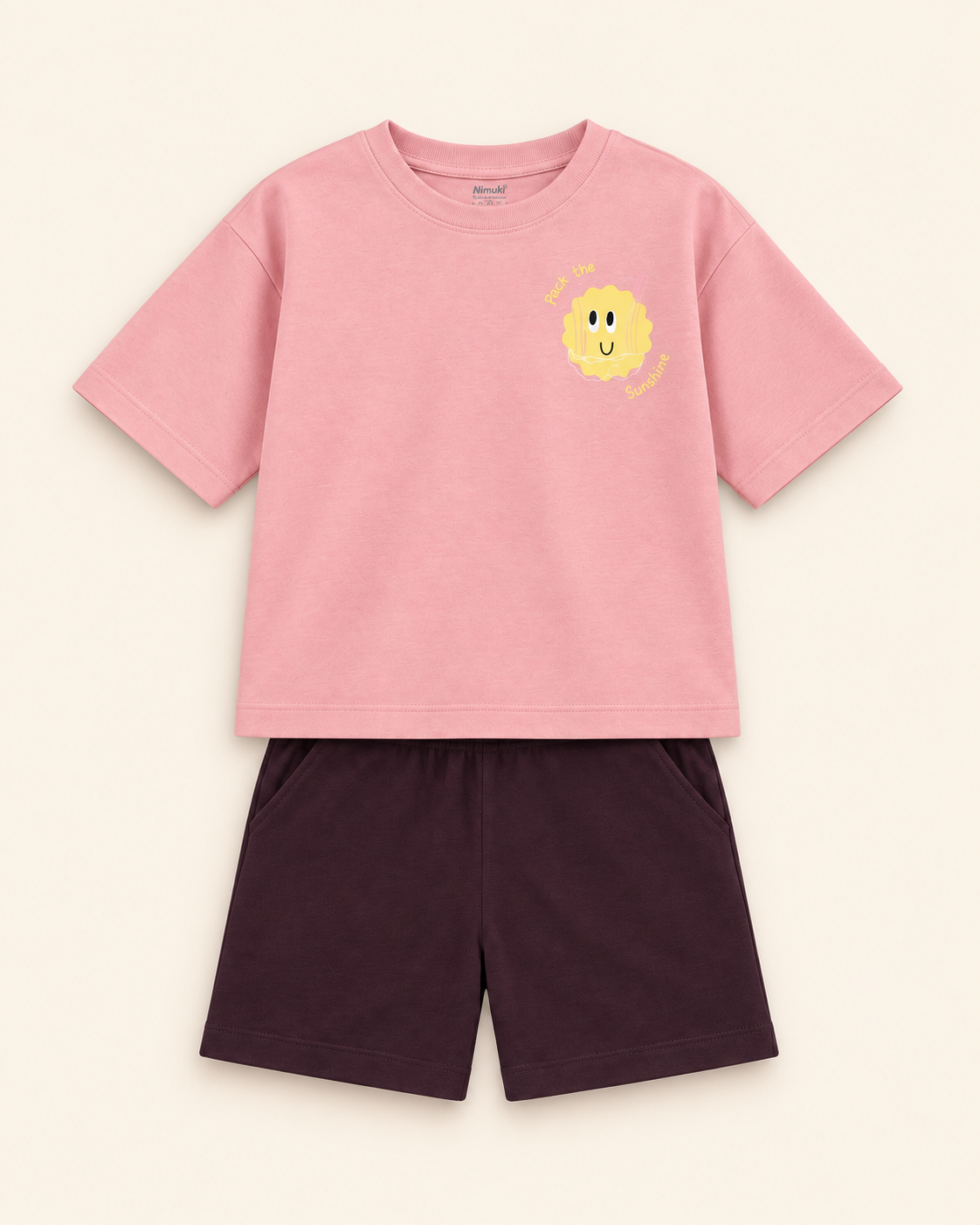 Peach Pocket Sunshine Kids Coord Set with Coffee Brown Shorts — Full coord studio