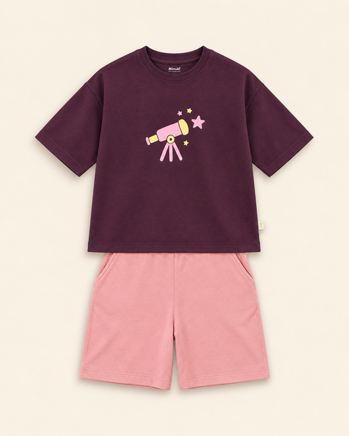 Coffee Brown Stargazer Telescope Kids Coord Set with Peach Shorts — Full coord studio
