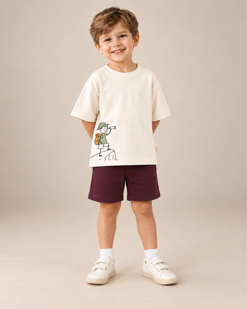 Cream Little Explorer Kids Coord Set with Coffee Brown Shorts — Model shot
