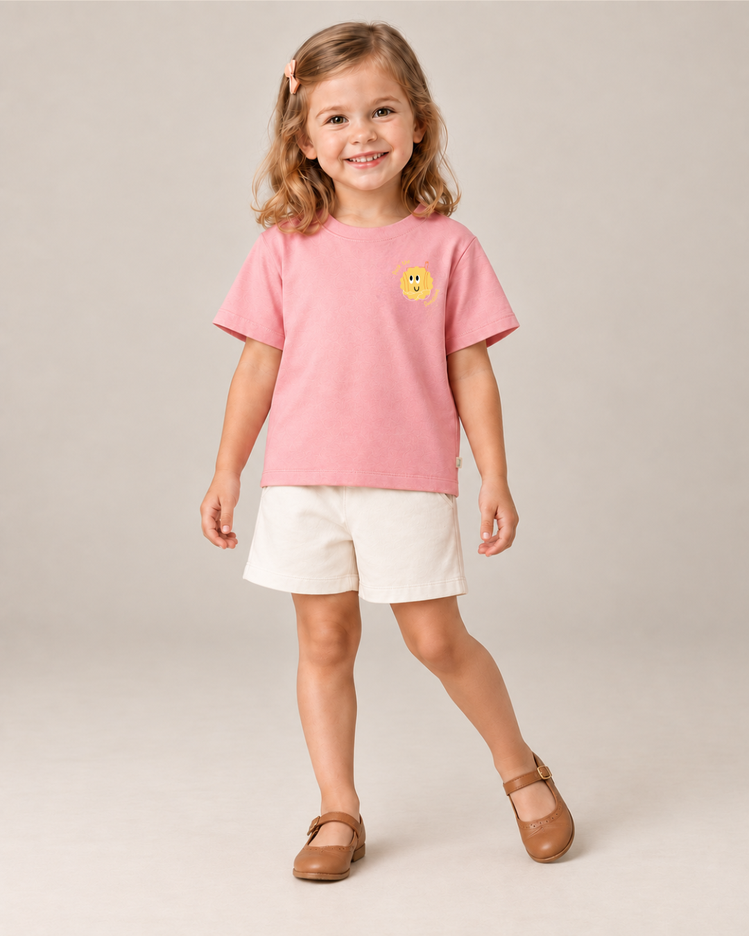 Peach Pocket Sunshine Kids Coord Set with Cream Shorts — Model shot