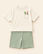 Cream Pocket Discovery Kids Coord Set with Sage Green Shorts — Full coord studio