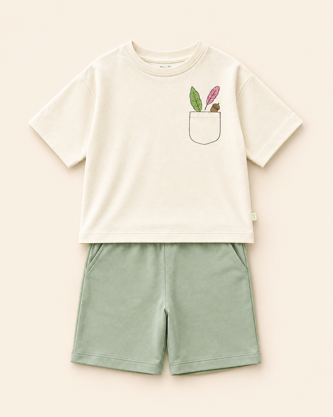 Cream Pocket Discovery Kids Coord Set with Sage Green Shorts — Full coord studio