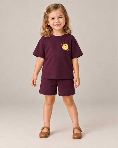 Coffee Brown Pocket Sunshine Kids Coord Set with Coffee Brown Shorts — Model shot