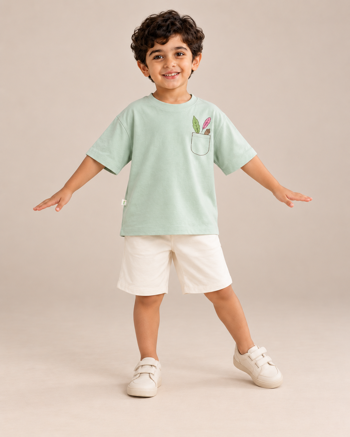 Sage Green Pocket Discovery Kids Coord Set with Cream Shorts — Model shot