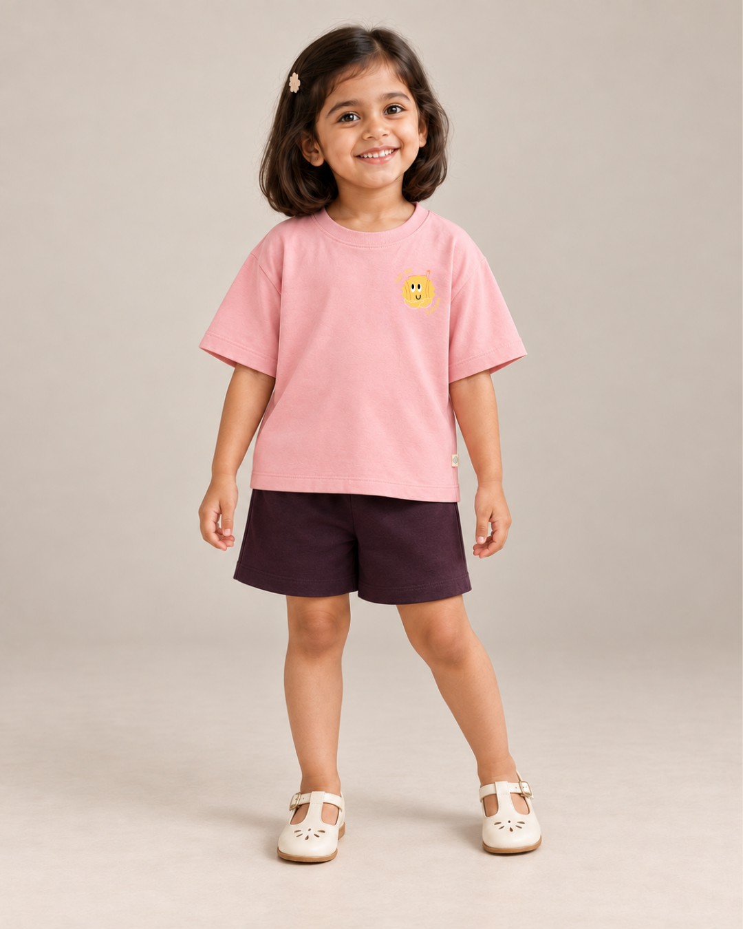 Peach Pocket Sunshine Kids Coord Set with Coffee Brown Shorts — Model shot