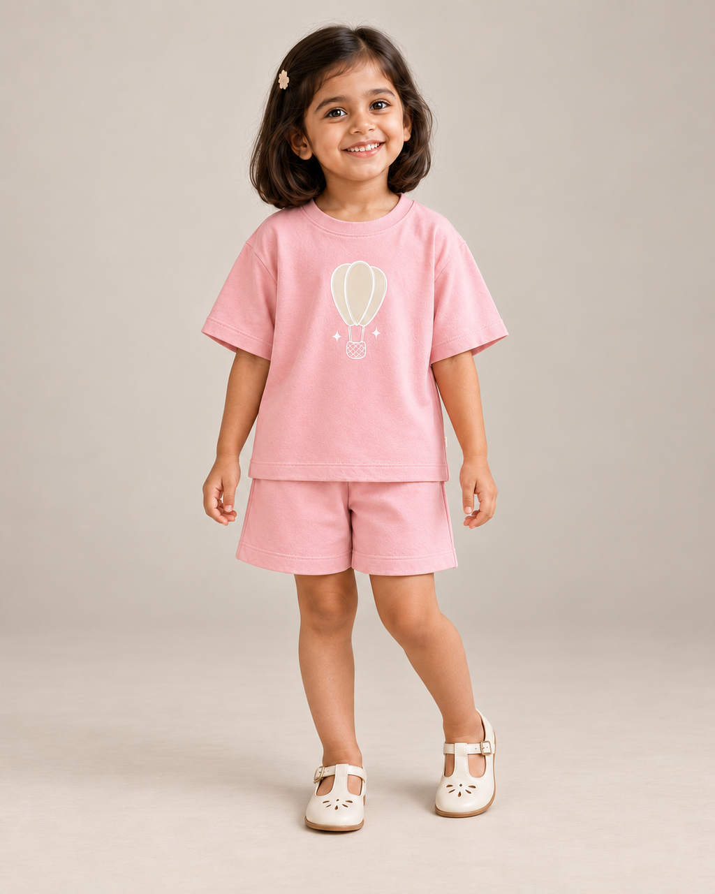 Peach Hot Air Balloon Kids Coord Set with Peach Shorts — Model shot