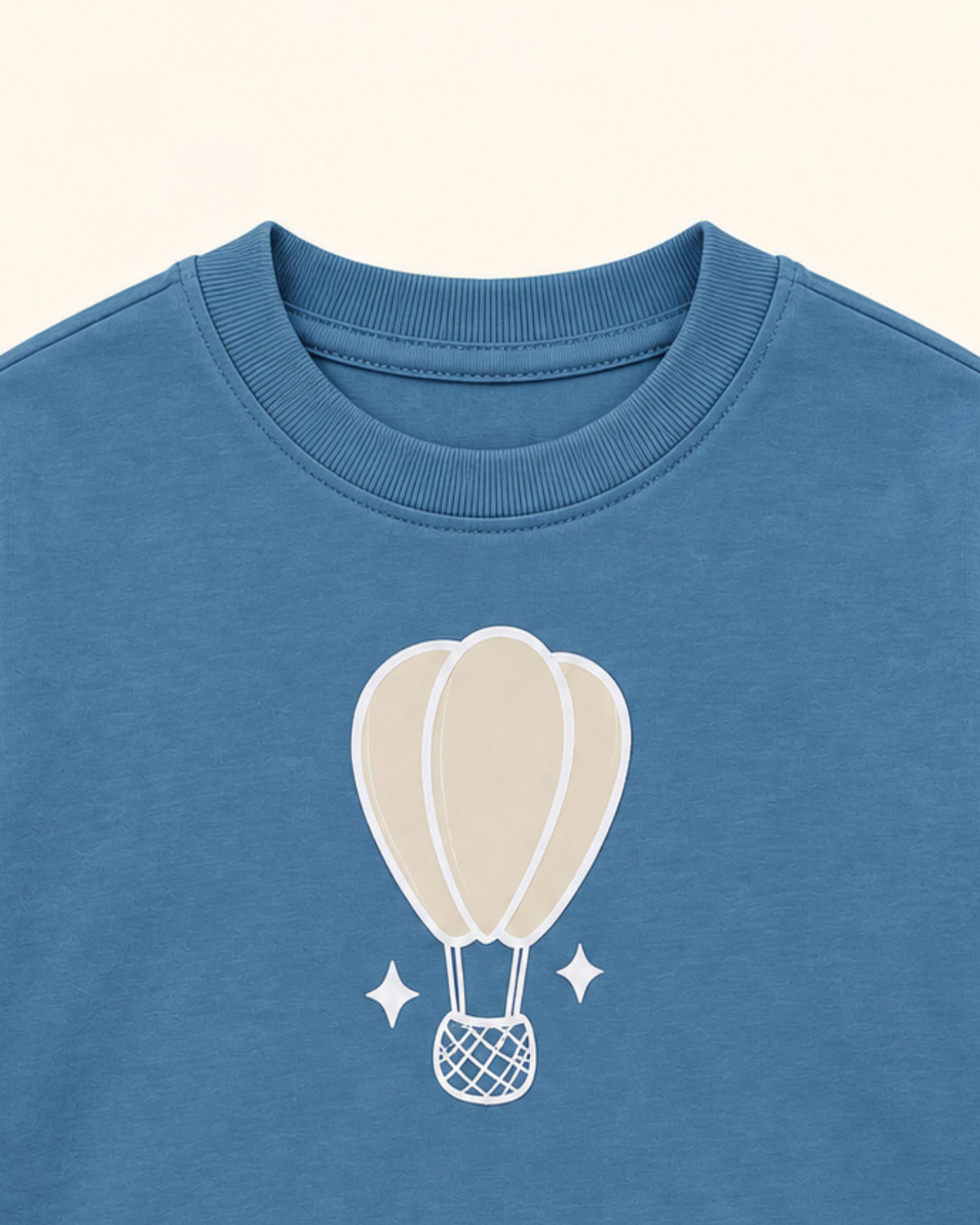 Teal Blue Hot Air Balloon Kids Coord Set with Cream Shorts — Print detail