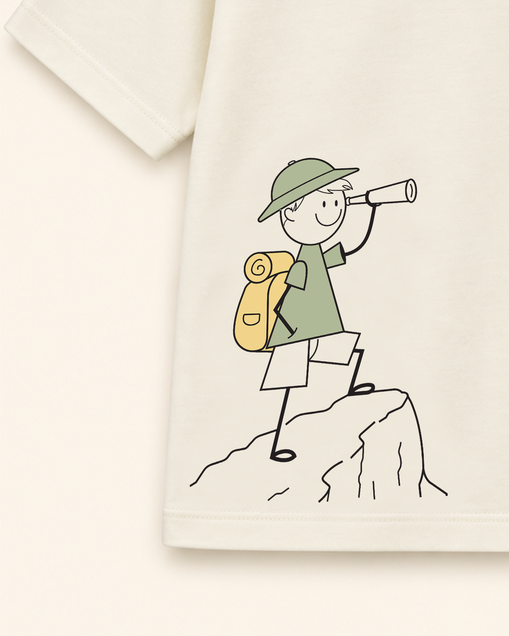 Cream Little Explorer Kids Coord Set with Sage Green Shorts — Print detail