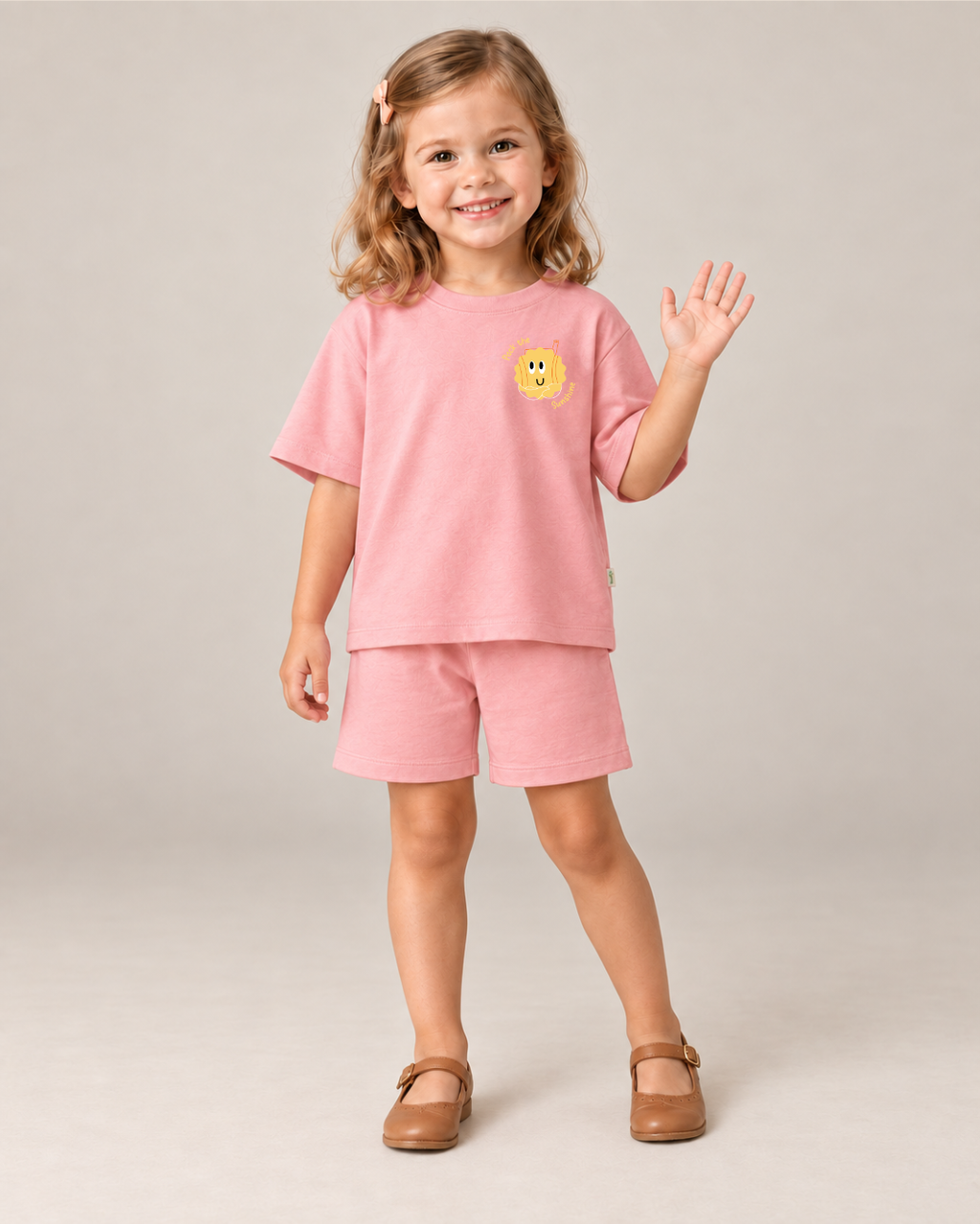 Peach Pocket Sunshine Kids Coord Set with Peach Shorts — Model shot
