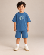 Teal Blue Planet Explorer Kids Coord Set with Teal Blue Shorts — Model shot