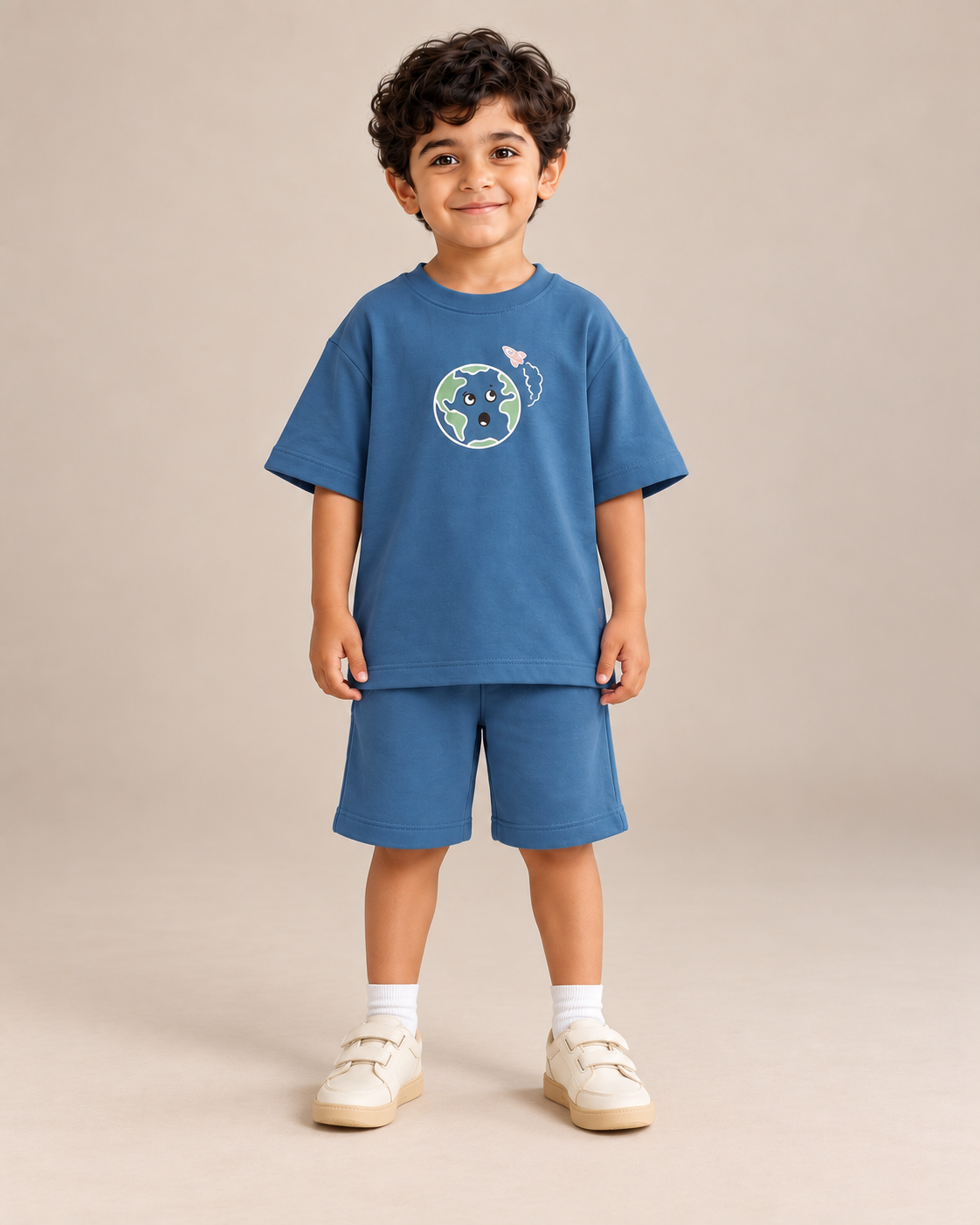 Teal Blue Planet Explorer Kids Coord Set with Teal Blue Shorts — Model shot