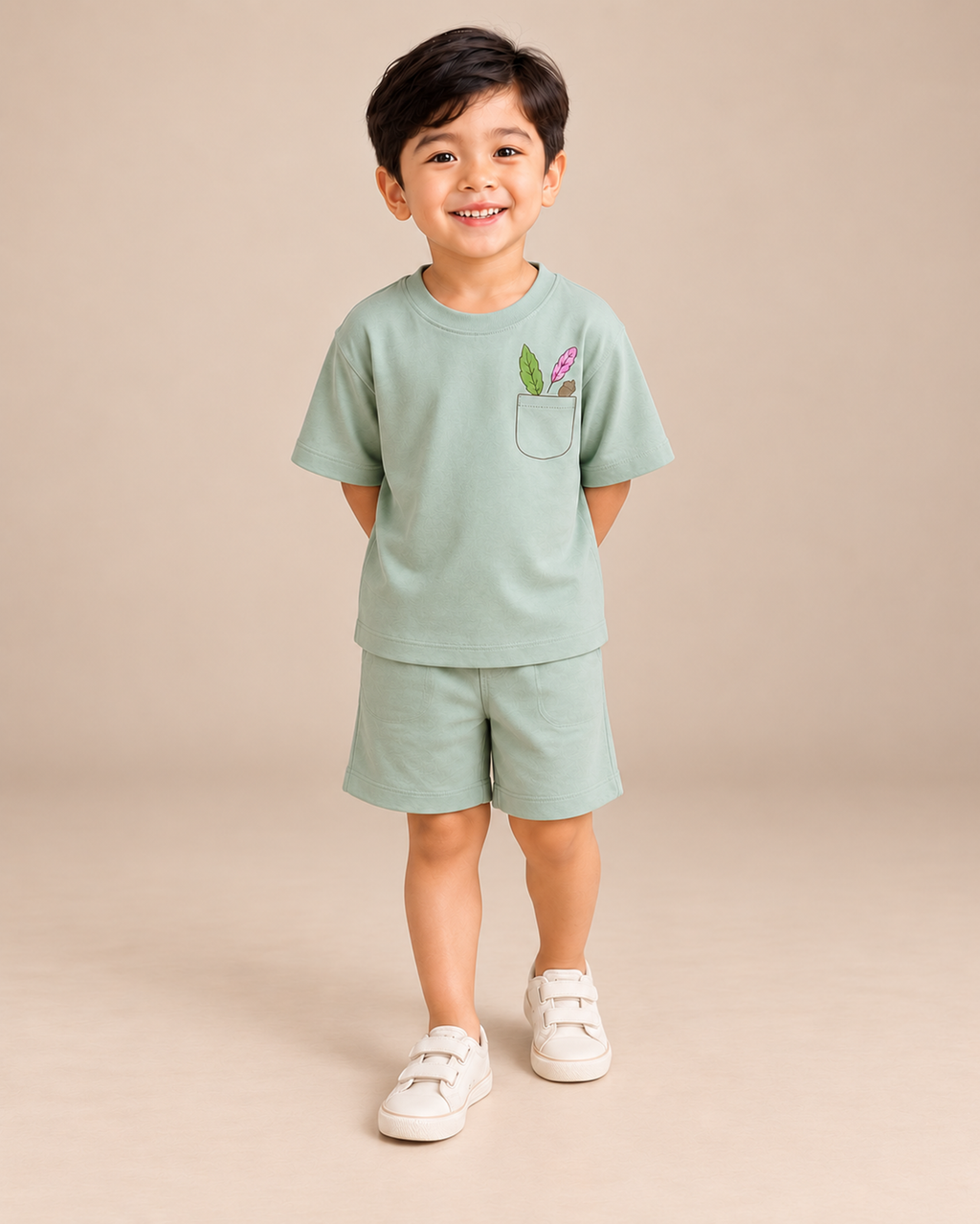 Sage Green Pocket Discovery Kids Coord Set with Sage Green Shorts — Model shot