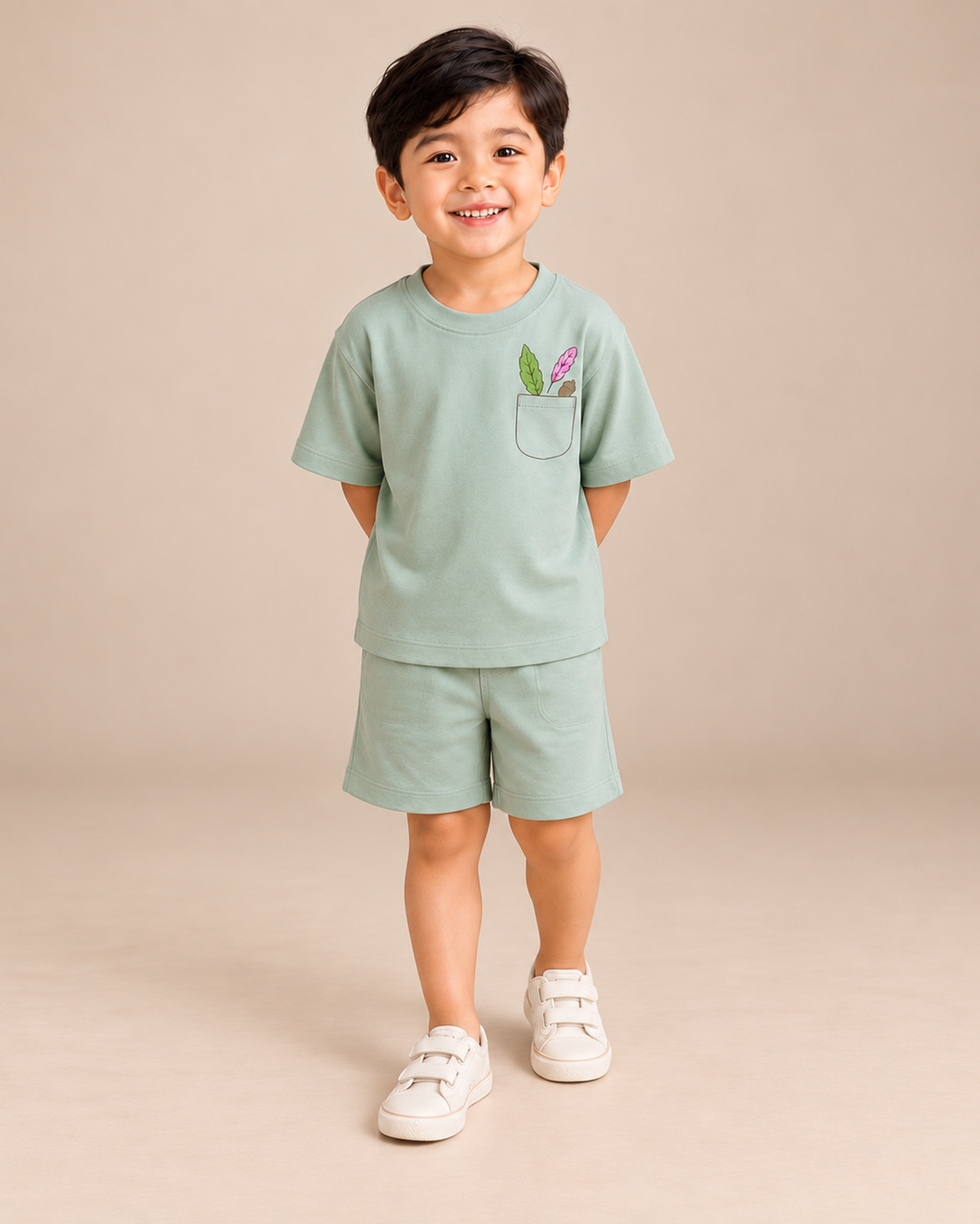 Sage Green Pocket Discovery Kids Coord Set with Sage Green Shorts — Model shot