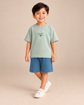 Sage Green Planet Explorer Kids Coord Set with Teal Blue Shorts — Model shot