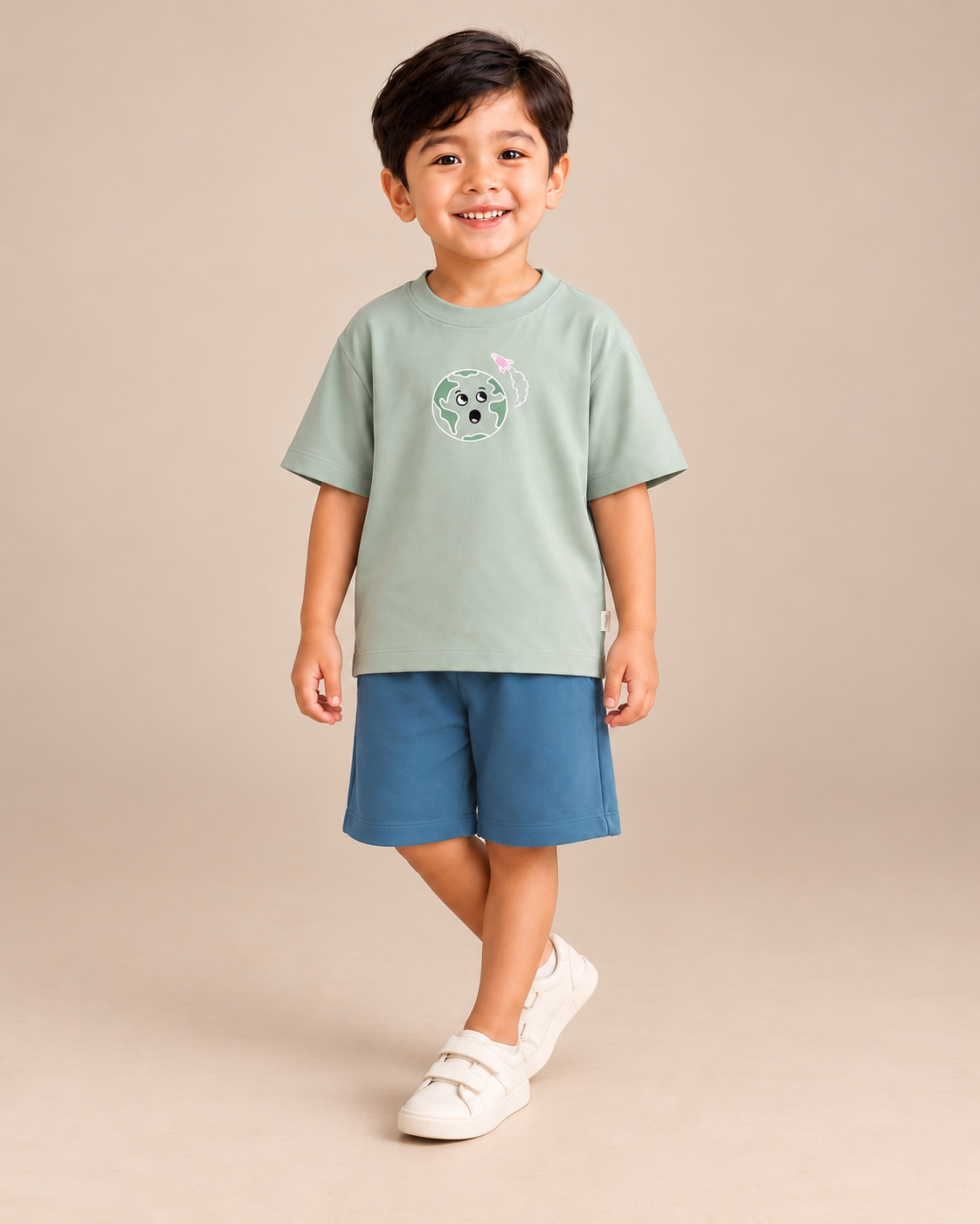 Sage Green Planet Explorer Kids Coord Set with Teal Blue Shorts — Model shot