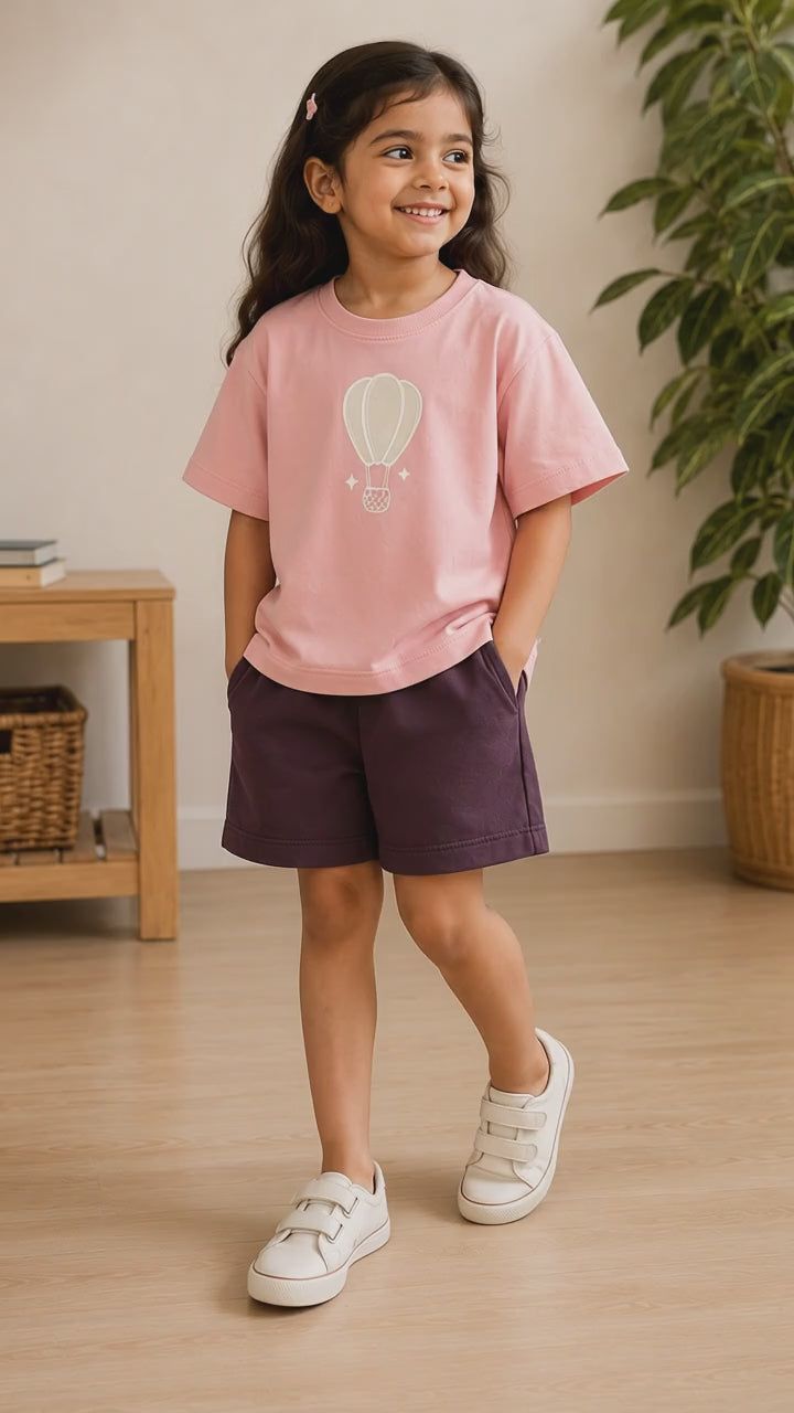 Peach Hot Air Balloon Kids Coord Set with Coffee Brown Shorts