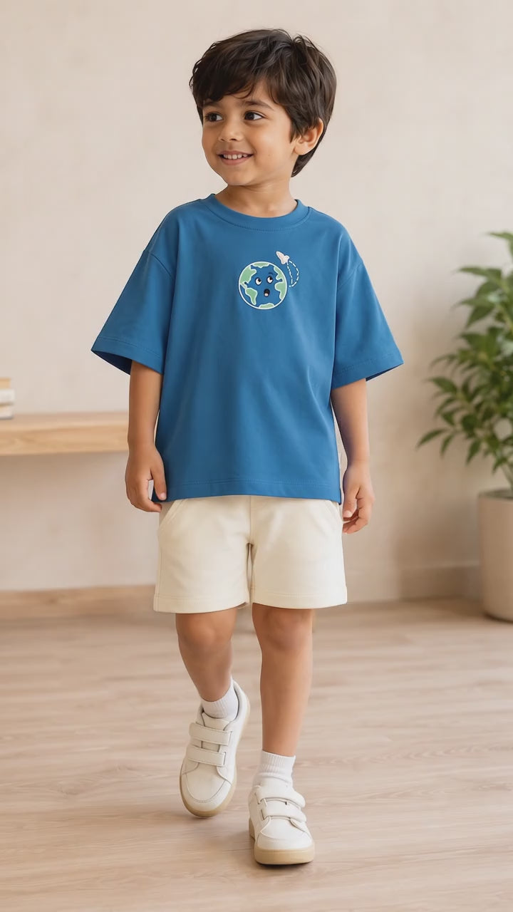 Teal Blue Planet Explorer Kids Coord Set with Cream Shorts