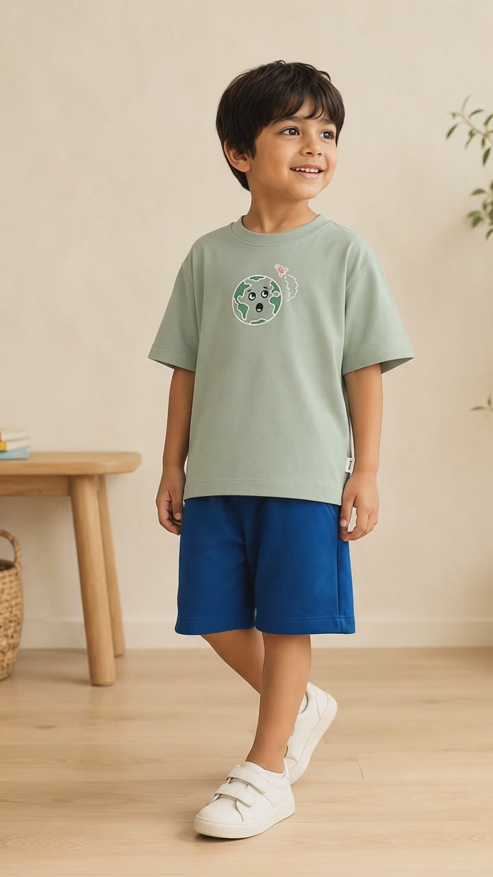 Sage Green Planet Explorer Kids Coord Set with Teal Blue Shorts