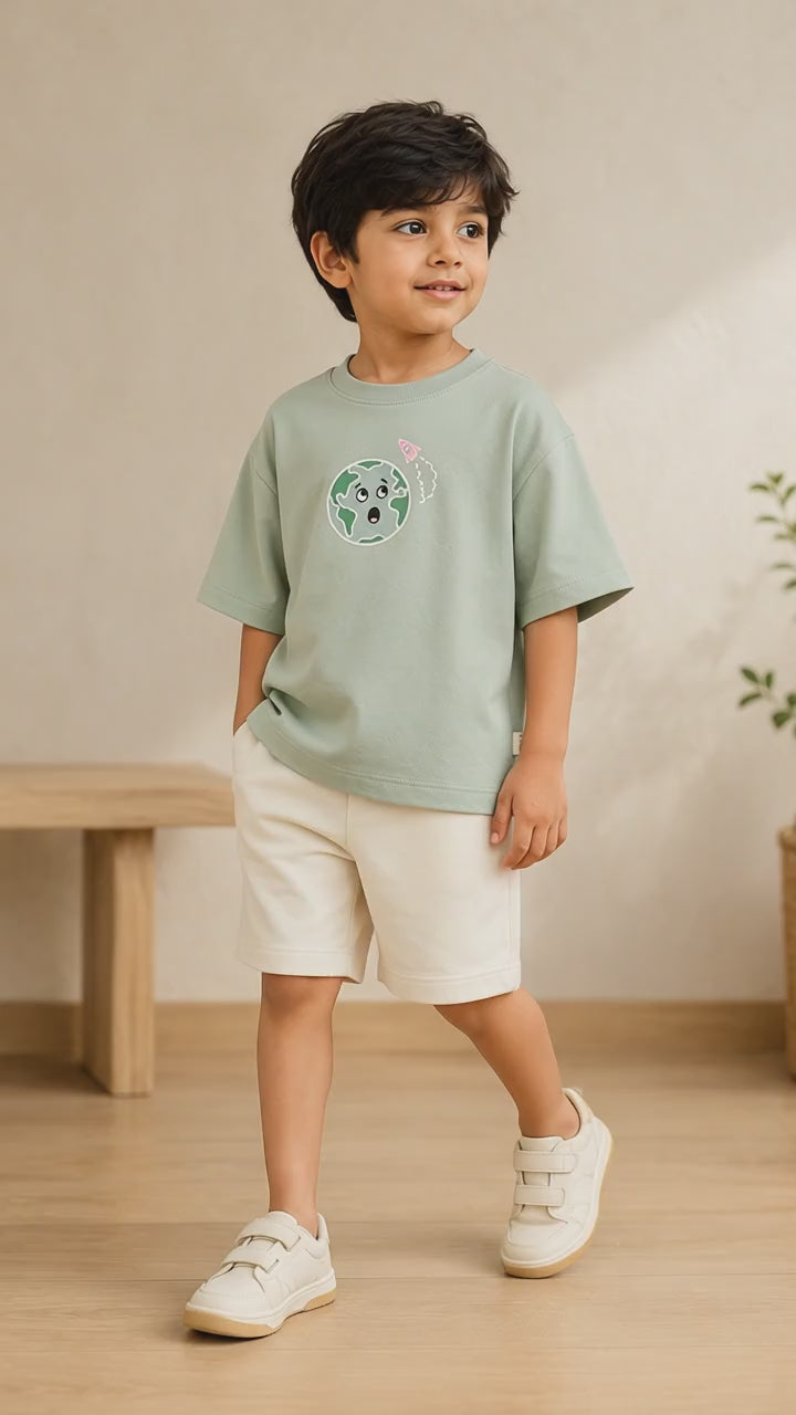 Sage Green Planet Explorer Kids Coord Set with Cream Shorts