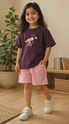 Coffee Brown Stargazer Telescope Kids Coord Set with Peach Shorts