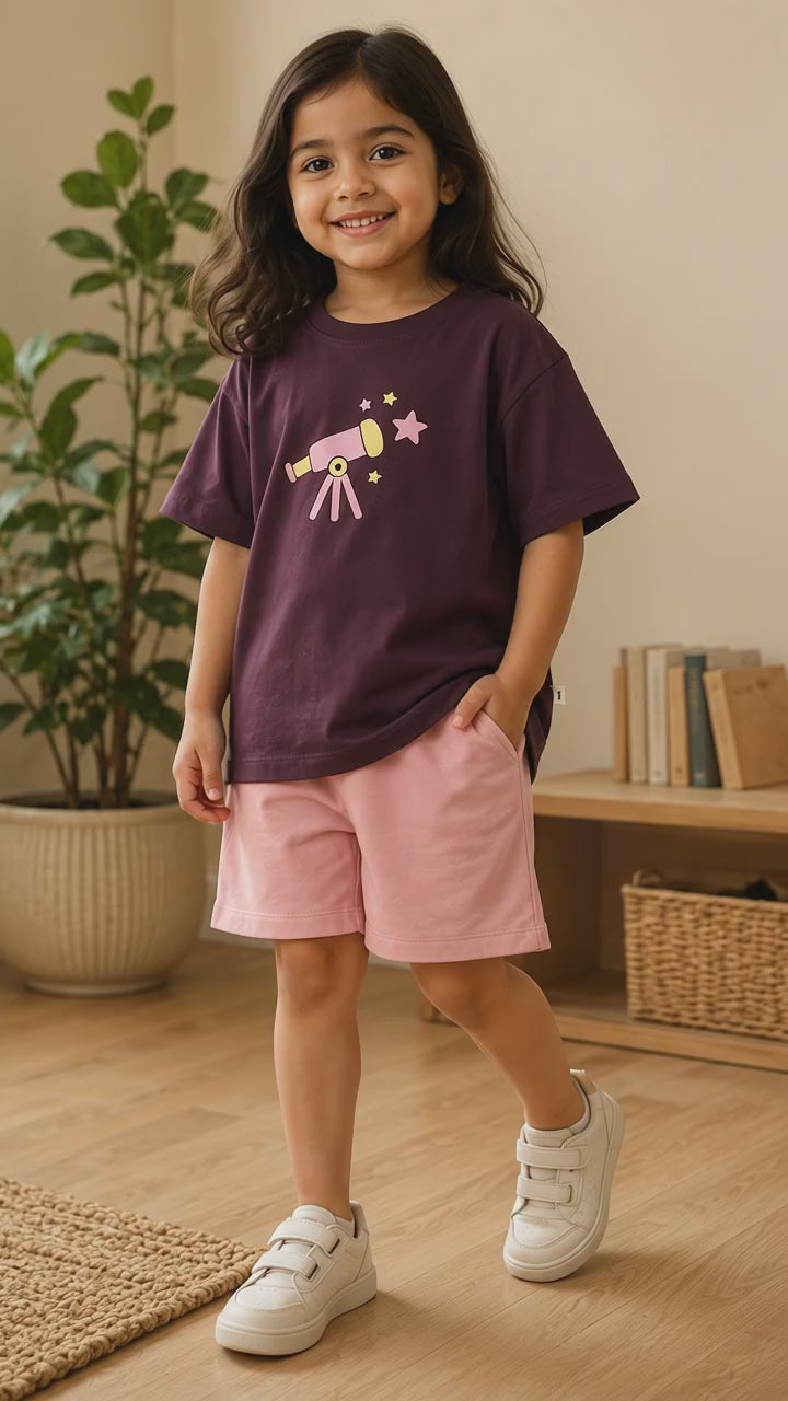 Coffee Brown Stargazer Telescope Kids Coord Set with Peach Shorts