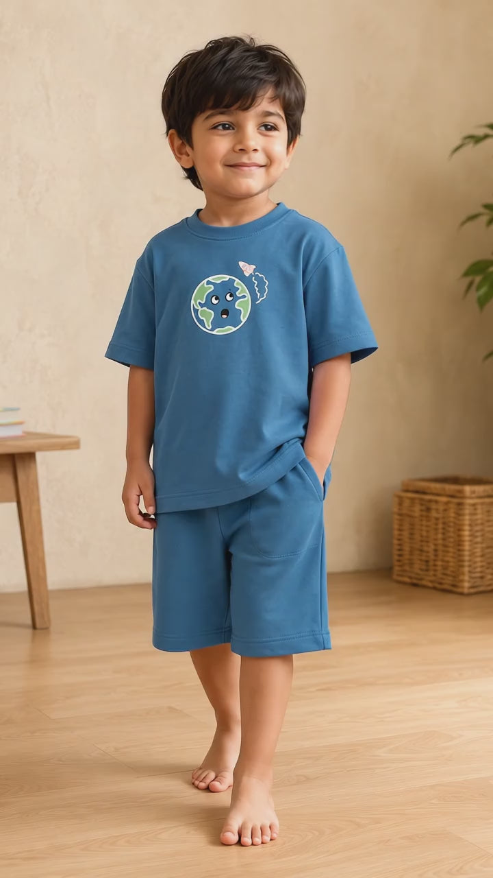Teal Blue Planet Explorer Kids Coord Set with Teal Blue Shorts