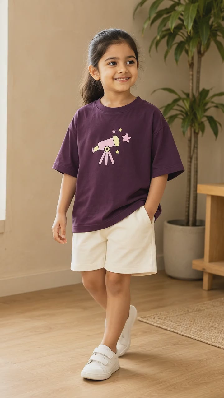 Coffee Brown Stargazer Telescope Kids Coord Set with Cream Shorts