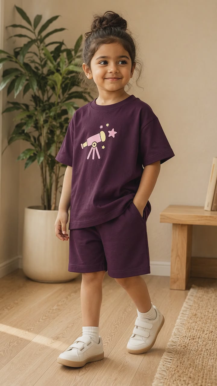 Coffee Brown Stargazer Telescope Kids Coord Set with Coffee Brown Shorts