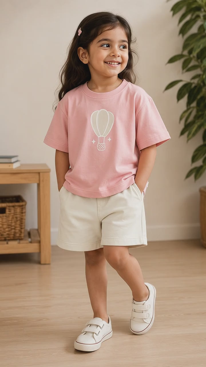 Peach Hot Air Balloon Kids Coord Set with Cream Shorts