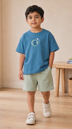 Teal Blue Planet Explorer Kids Coord Set with Sage Green Shorts