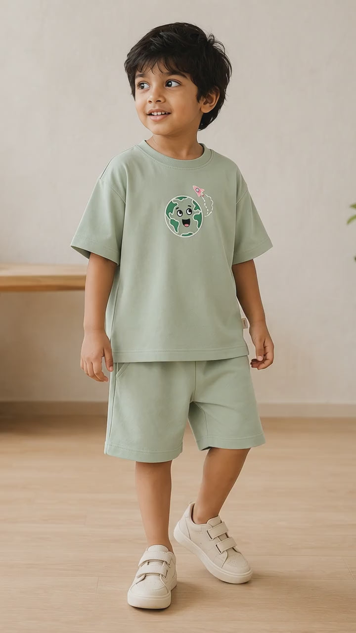 Sage Green Planet Explorer Kids Coord Set with Sage Green Shorts