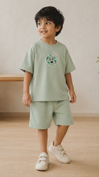 Sage Green Planet Explorer Kids Coord Set with Sage Green Shorts