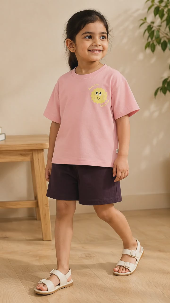 Peach Pocket Sunshine Kids Coord Set with Coffee Brown Shorts