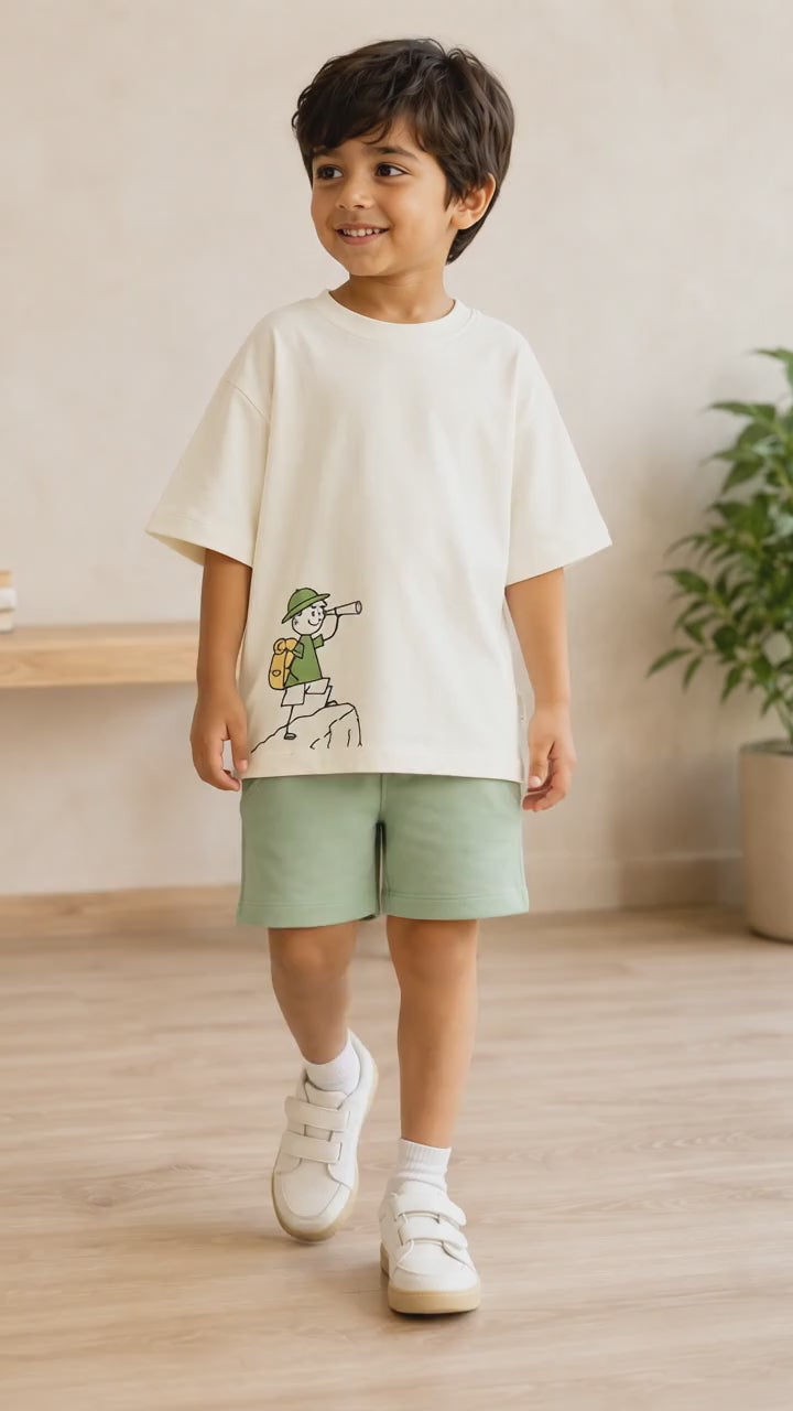 Cream Little Explorer Kids Coord Set with Sage Green Shorts
