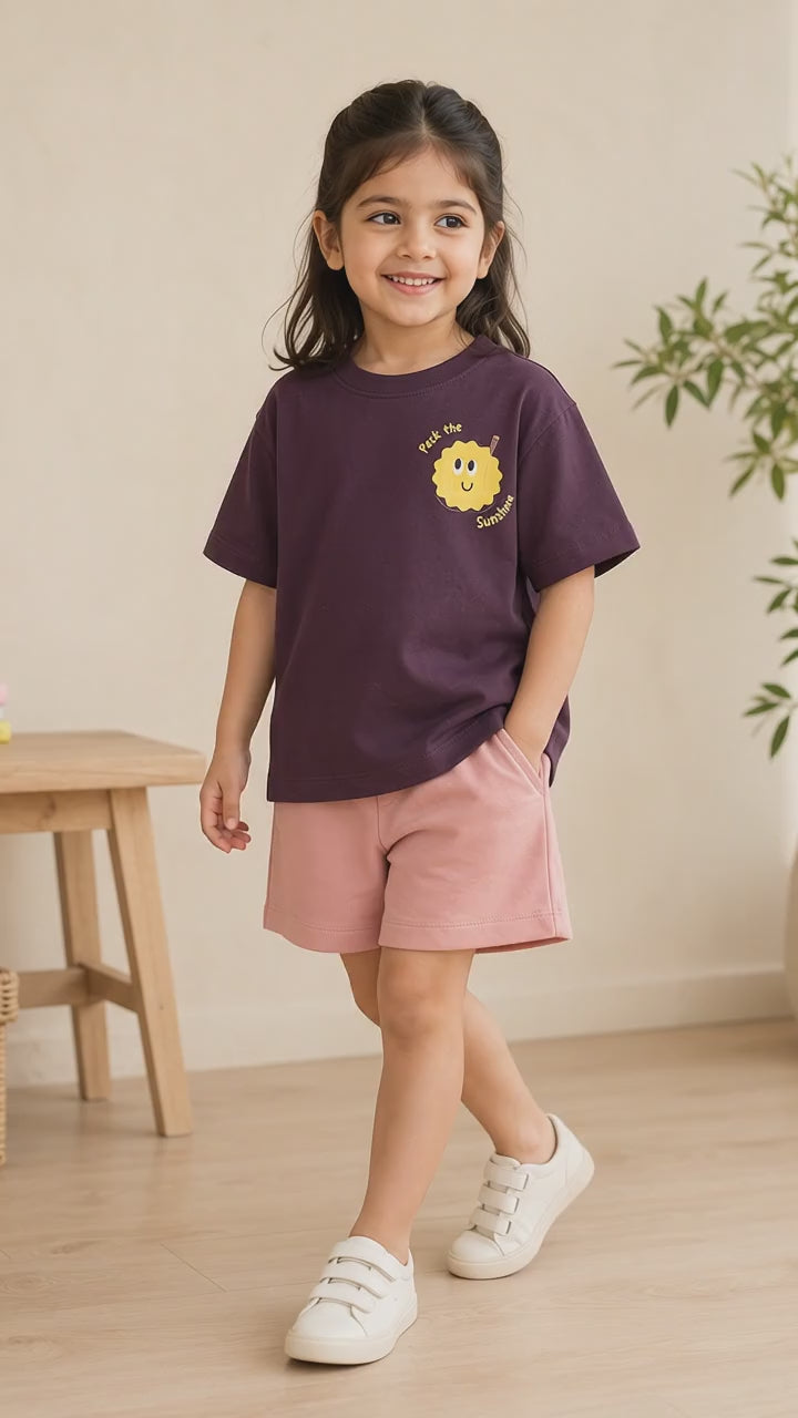 Coffee Brown Pocket Sunshine Kids Coord Set with Peach Shorts