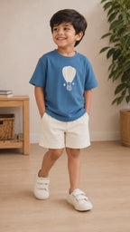 Teal Blue Hot Air Balloon Kids Coord Set with Cream Shorts