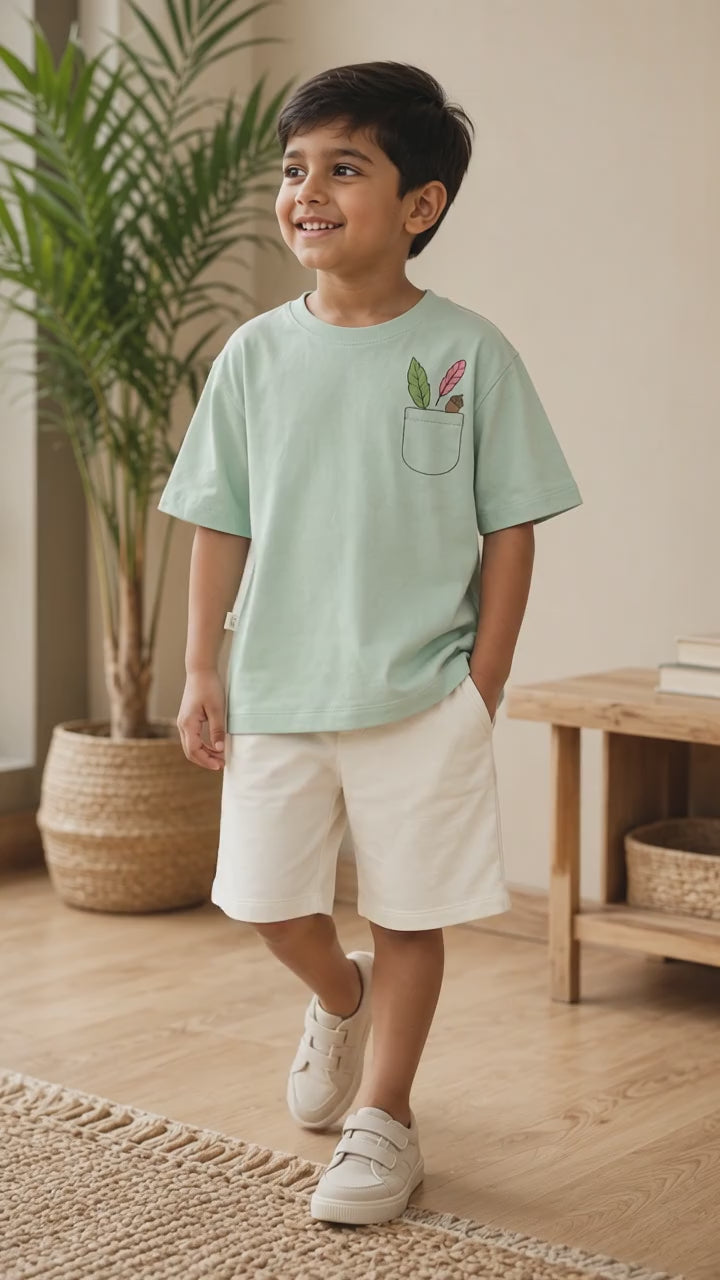 Sage Green Pocket Discovery Kids Coord Set with Cream Shorts
