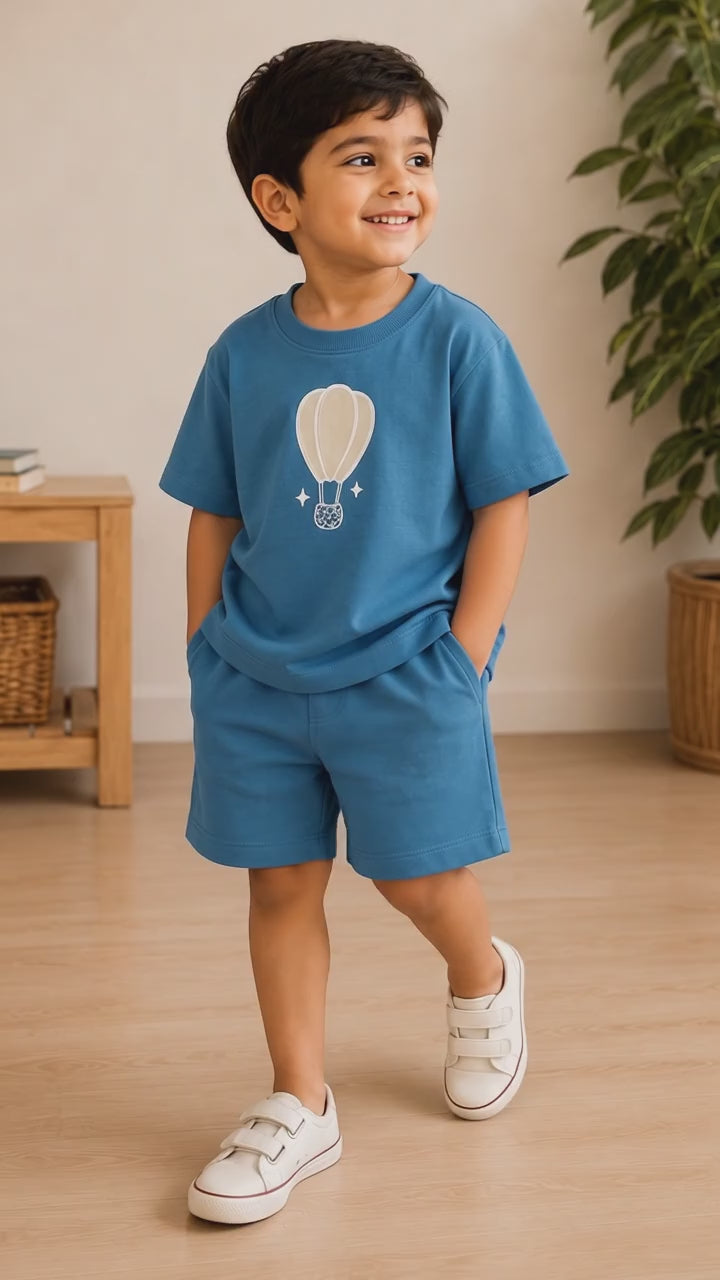 Teal Blue Hot Air Balloon Kids Coord Set with Teal Blue Shorts