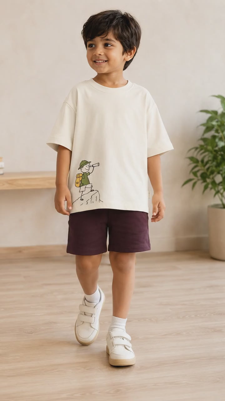 Cream Little Explorer Kids Coord Set with Coffee Brown Shorts