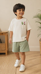 Cream Pocket Discovery Kids Coord Set with Sage Green Shorts
