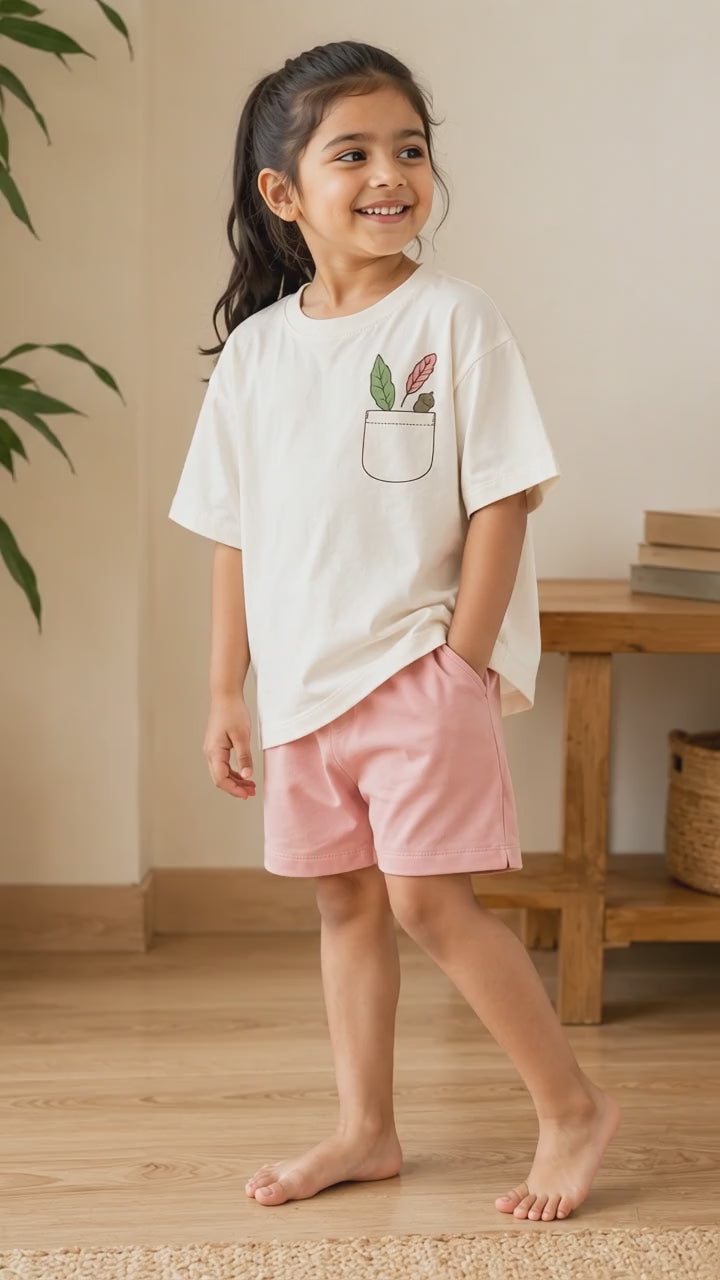 Cream Pocket Discovery Kids Coord Set with Peach Shorts